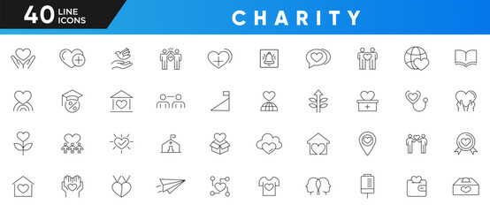 Charity line icon set. Almsgiving, donation, contribution, humanism, dole, welfare, caring for the elderly, helping homeless animals Outline icon collection UI thin icons pack.