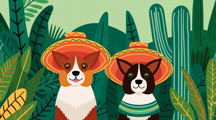 Naklejka premium An illustration of 2 mexican dogs wearing sombrero posing for a picture in chapala 