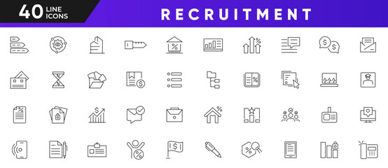 Recruitment line icon set. Headhunting, career, insurance, bonus, leadership, abilities, conflict resolution, interview, job fair, screening, short-listed outline icon collection. UI thin icon pack.