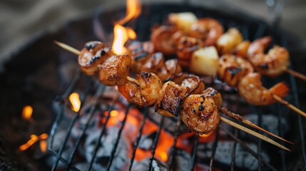 An enticing close-up of shrimp skewers being grilled over hot flames, showcasing the perfect blend of savory seafood and the art of barbecuing in a rustic setting.