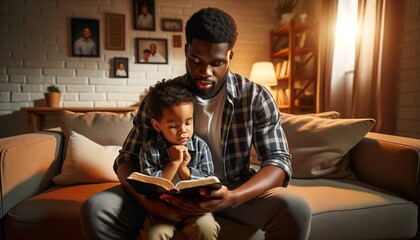 Black man with his little son reading the Bible in the room