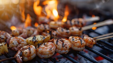 Skewered shrimp and pineapple chunks are being grilled over a charcoal fire, capturing the essence of outdoor cooking and summer vibes with vibrant flavors and smoky aroma.