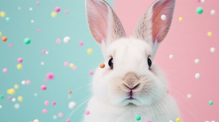 Fototapeta premium A close-up of a rabbit's face with confetti on its ears, set against a pink and blue backdrop