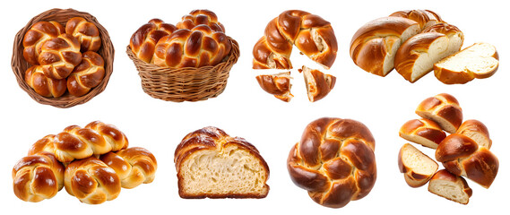 Challah hallah berches braided twisted bread bun loaf slice on transparent cutout, PNG file. Many assorted different angles, stack, basket, pile, slice, torn. Mockup template for artwork design