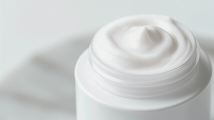 Closeup of a luxurious overnight collagen mask jar with the lid slightly open, creamy texture visible, elegant packaging, white background 