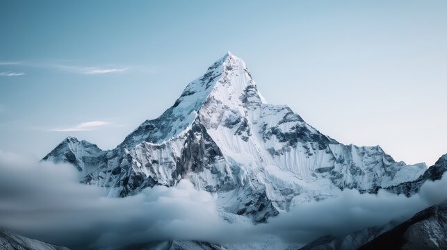 This dramatic image features a majestic snow-capped mountain peak surrounded by a cloudy sky, emphasizing the grandeur and stunning aspect of natural landscapes.