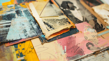 Naklejka premium Close-up of a family scrapbook with abstract, colorful pages and mementos