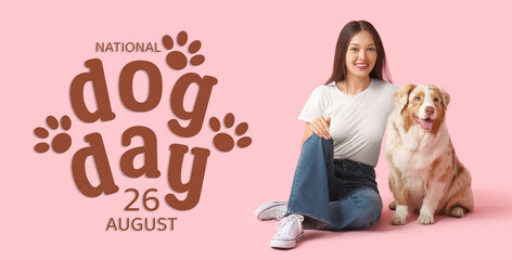 Young woman and cute Australian Shepherd on pink background. Banner for National Dog Day