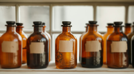 Closeup of an old-fashioned apothecary window with potion bottles labeled for Halloween and intricate gear designs 