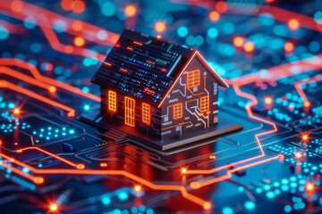 Obraz premium Futuristic miniature house model on a circuit board representing digital innovation and smart home technology.