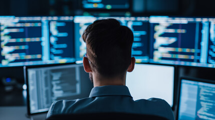 Developer coding AI algorithms for video generation, multiple monitors, complex code on screens, modern office 