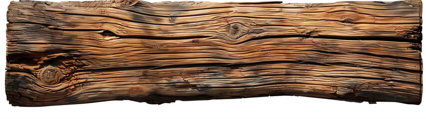 A long piece of wood with visible cracks and textures showing age, set against an isolated white background. Rough wooden plank