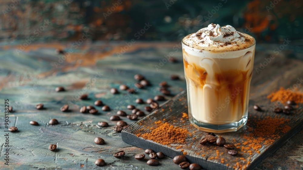 Sticker Dark background with latte ice coffee and coffee beans on old wooden surface