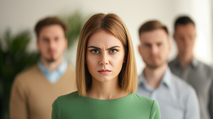 Obraz premium High angle view of a woman facing workplace harassment, male colleagues laughing in the background 
