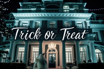 Haunted Mansion Party Collage: Pictures of a grand haunted mansion party with ghosts, chandeliers, and elegant costumes. The text "Trick or Treat" in a fancy, elegant font.