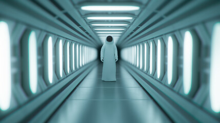 Fototapeta premium Isolated image of a ghostly apparition floating in zero gravity inside a dimly lit spacecraft 