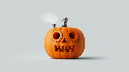 Isolated image of a steampunk pumpkin with gears, pipes, and steam emitting from its eyes 