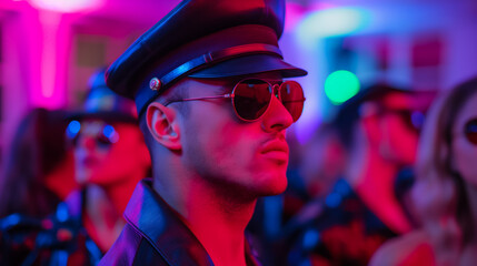 KGB themed night at a 1980s disco with fashionable dancing wearing Soviet inspired clothing 