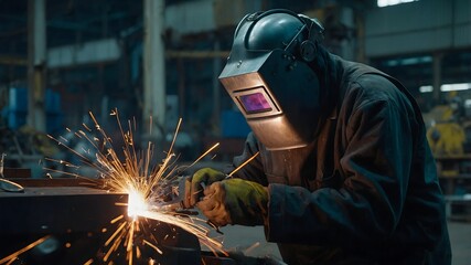 Inspection of weld quality by technician with detailed view of automated equipment safety gear and high tech welding system