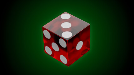 3d render of translucent red die with white pips sits on a green surface. This evokes themes of chance, risk, luck, Vegas, and the thrill of games