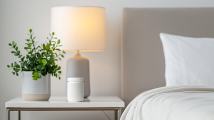Luxurious bedroom setting with an overnight collagen mask jar on a bedside table, soft lighting, cozy ambiance 