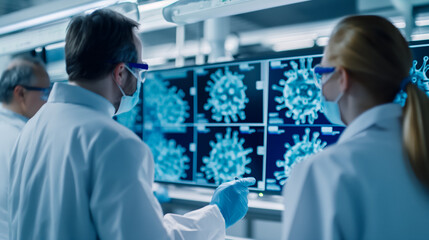 Obraz premium Medical researchers discussing bird flu data on a large screen, lab setting, focus on the screen and data 