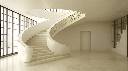 Obraz premium A spiral staircase in a white room, with black bars on the walls and a window on the opposite side