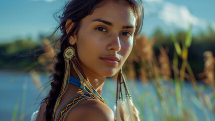 A beautiful young Native American woman standing proudly in traditional attire, with a background depicting a historical scene of Columbus's arrival