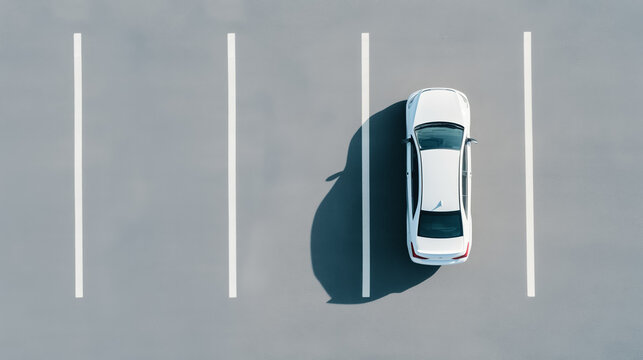 Overhead shot of a car in a parking lot, student driver performing a perfect parallel park, parking lines visible, sunny day 