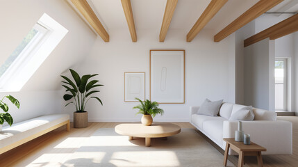 Fototapeta premium Scandinavian living room featuring a light-filled space with wooden beams, a simple color palette, and minimalistic decor, inviting and serene 