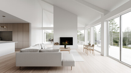 Scandinavian living room with a cozy fireplace, light wood flooring, and a mix of modern and rustic decor elements, neutral color palette 