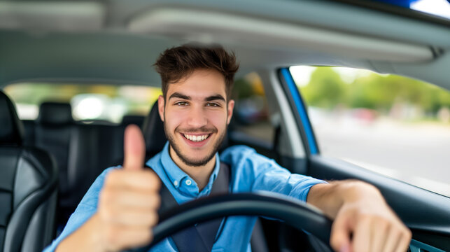 Smiling student driver giving a thumbs up from inside the car after passing the test 