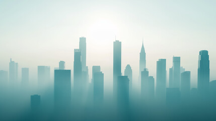 Naklejka premium Wide angle of a city skyline obscured by thick smog and pollution 