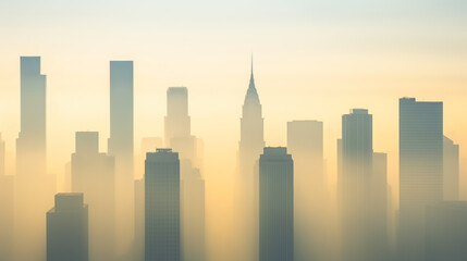 Obraz premium Wide angle of a city skyline obscured by thick smog and pollution 
