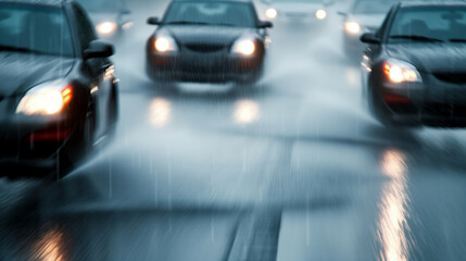 Naklejka premium Wide angle shot of multiple cars hydroplaning on a highway, heavy rain, water spraying from tires, dark sky 
