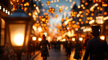 Wide shot of a Victorian-era street with steam-powered lanterns and intricate pumpkin carvings, people in steampunk costumes 