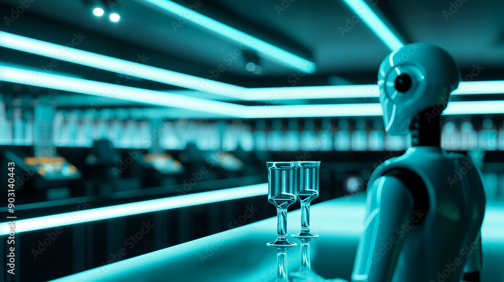 Poster wide shot of a person at a futuristic bar with robotic bartenders, multiple empty drink containers a