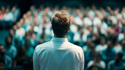 Fototapeta premium Wide shot of a person giving a speech on stage, basking in the applause from the audience 