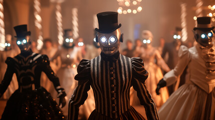 Obraz premium Wide shot of a steampunk costume contest with participants in elaborate Victorian and mechanical outfits 