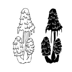 Line sketch, silhouette stamp of forest mushrooms toadstools. Vector graphics.