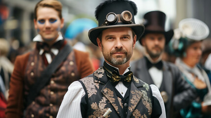 Fototapeta premium Wide shot of a steampunk costume contest with participants in elaborate Victorian and mechanical outfits 