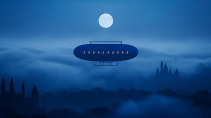 Naklejka premium Wide shot of a vintage airship with Halloween decorations, floating above a foggy, moonlit landscape 
