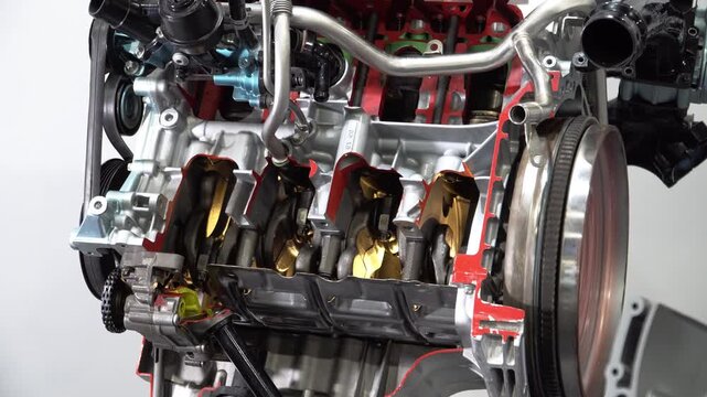 Close up 4k footage  of a  detail of an educational sample of a  four-stroke internal combustion engine in section