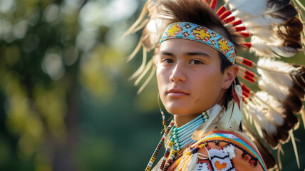 Obraz premium Handsome young Native American man participating in a cultural celebration, showcasing the richness of his heritage