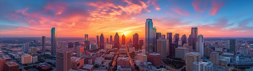 A panoramic view of a bustling city skyline at sunset, with a focus on the architectural details of skyscrapers, reflecting the golden hues of the setting sun.