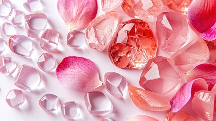   Close-up of pink and white crystals and flower on white background with a pink rose in center