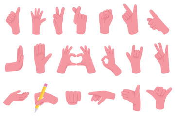 Set hands poses vector illustrations. Hands gesture collection, arms pressed position. Fingers signal, diverse manual poses of language decent. Communication or talking with emoji for messengers