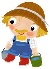 cartoon scene with farmer man standing doing some activity isolated background illustation for children