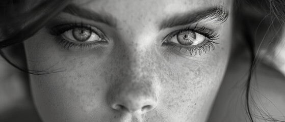 Obraz premium A captivating portrait of a young woman with natural freckles and expressive eyes, black and white, with a blurred background.