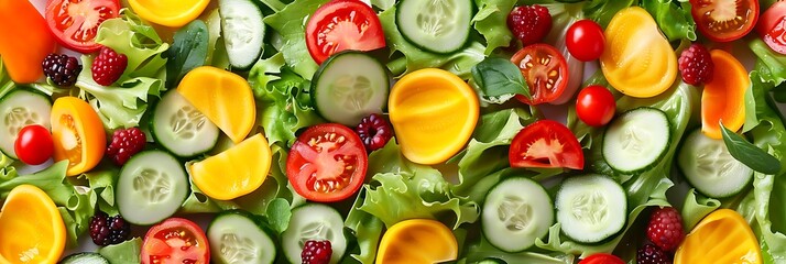 Salad ingredients background, fresh cut vegetables and fruits like cucumbers, tomatoes, bell peppers, and berries arranged in a pattern